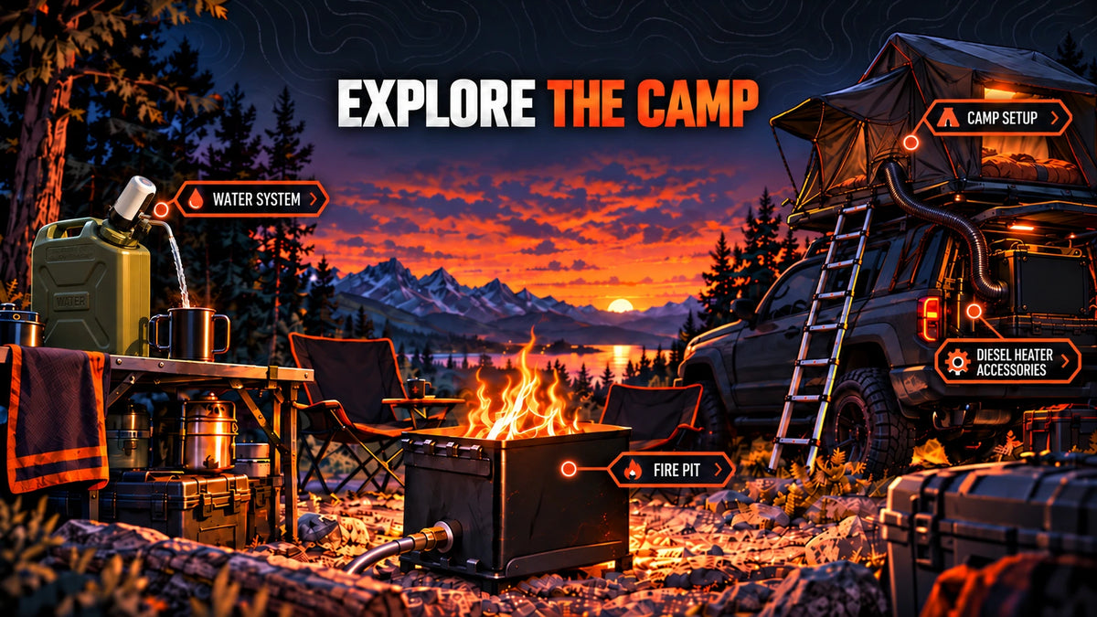 Illustrated FireCrateUSA campsite: select the water system, fire pit, Devos or JK mounts, or diesel heater accessories to find matching gear
