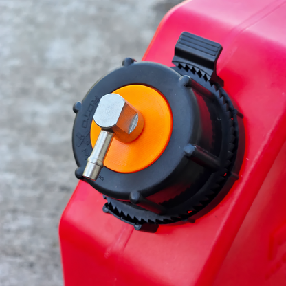 FireCrateUSA Standard non-vented RotoPax diesel heater fuel pickup adapter installed on a red RotoPax container